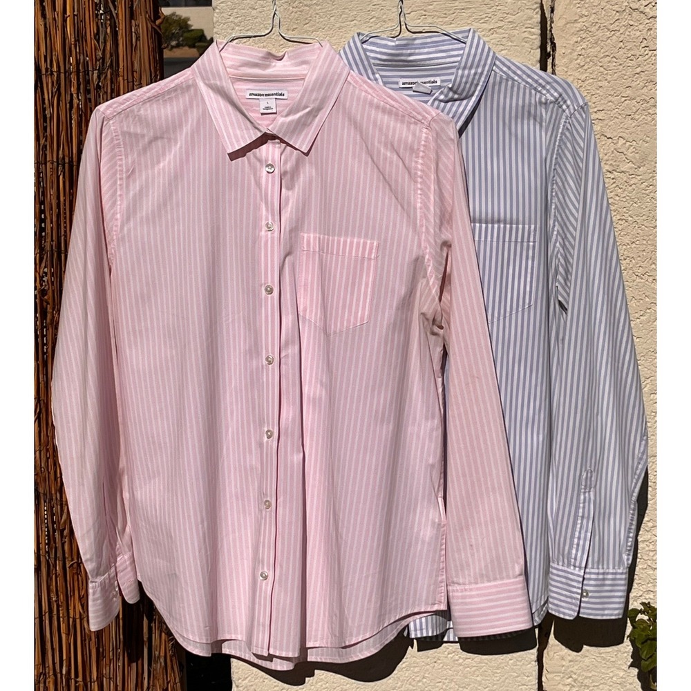 Lot of 2 Womens Large 100% Cotton Striped Button Down Work Shirts Pink Blue